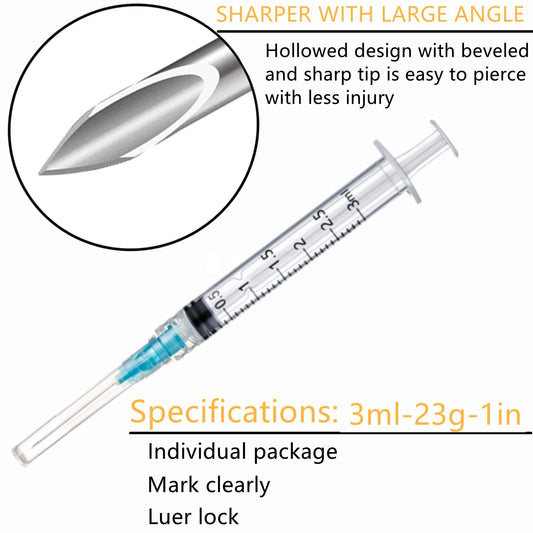 50 Pack 3ml/cc Plastic Syringe with 23Ga, Lab Sample Injection Syringes