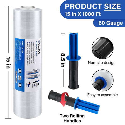 MBGOGO Stretch Wrap Film with Handles, 15 Inch x 1000 Feet Plastic