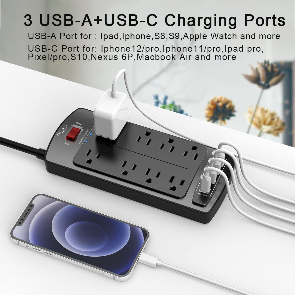 Surge Protector Power Strip – Nuetsa Flat Plug Extension Cord