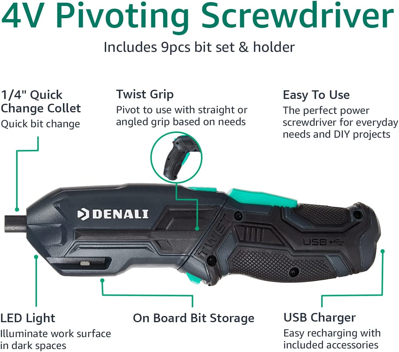 Denali by SKIL 4V Cordless Pivoting Screwdriver with10-Piece Bit Set
