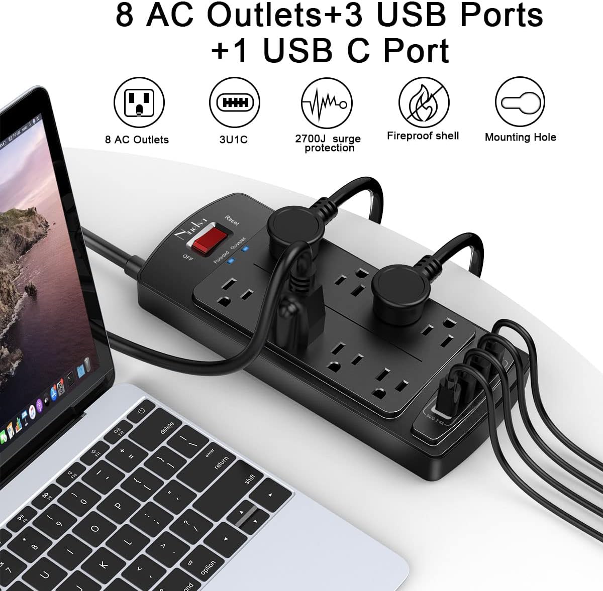 Surge Protector Power Strip – Nuetsa Flat Plug Extension Cord