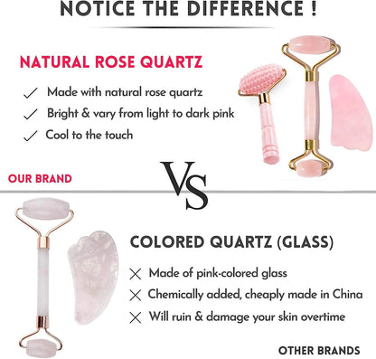 4-in-1 Jade Roller and Gua Sha Set. Rose Quartz Roller