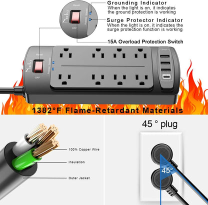 Surge Protector Power Strip – Nuetsa Flat Plug Extension Cord