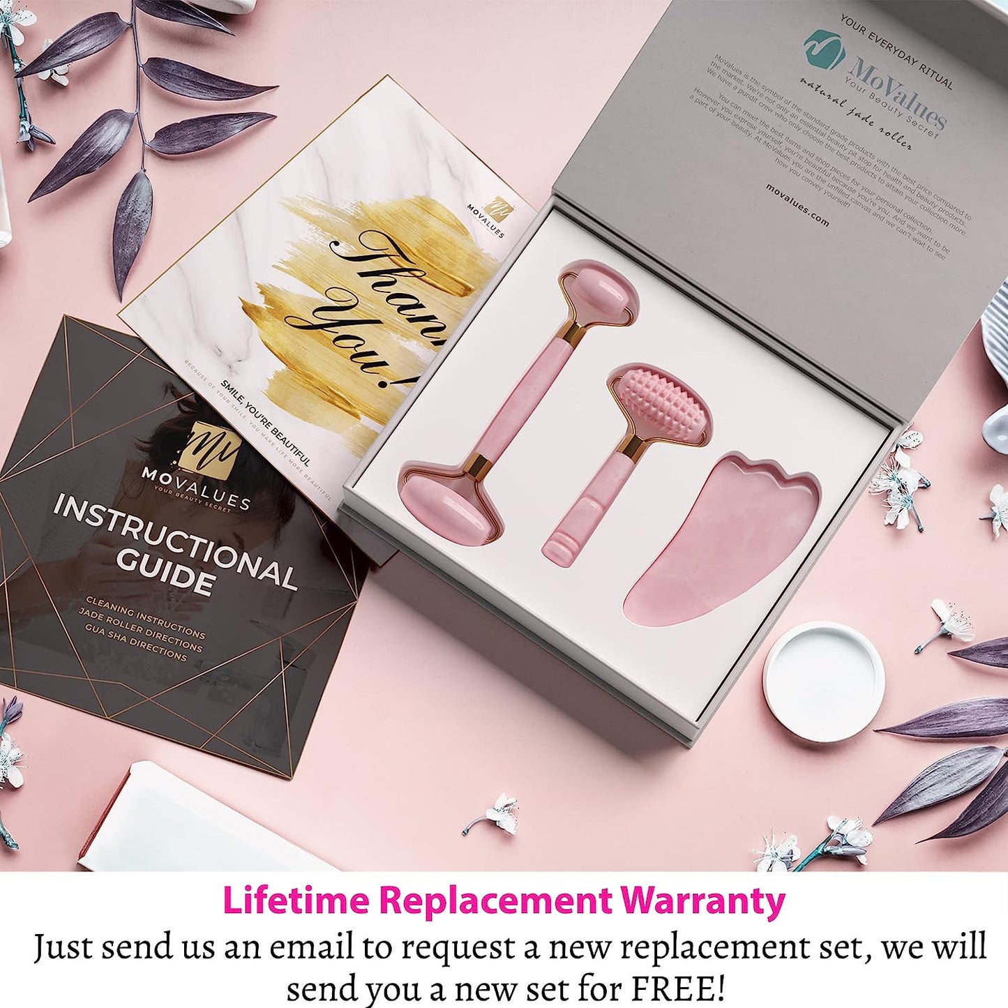 4-in-1 Jade Roller and Gua Sha Set. Rose Quartz Roller