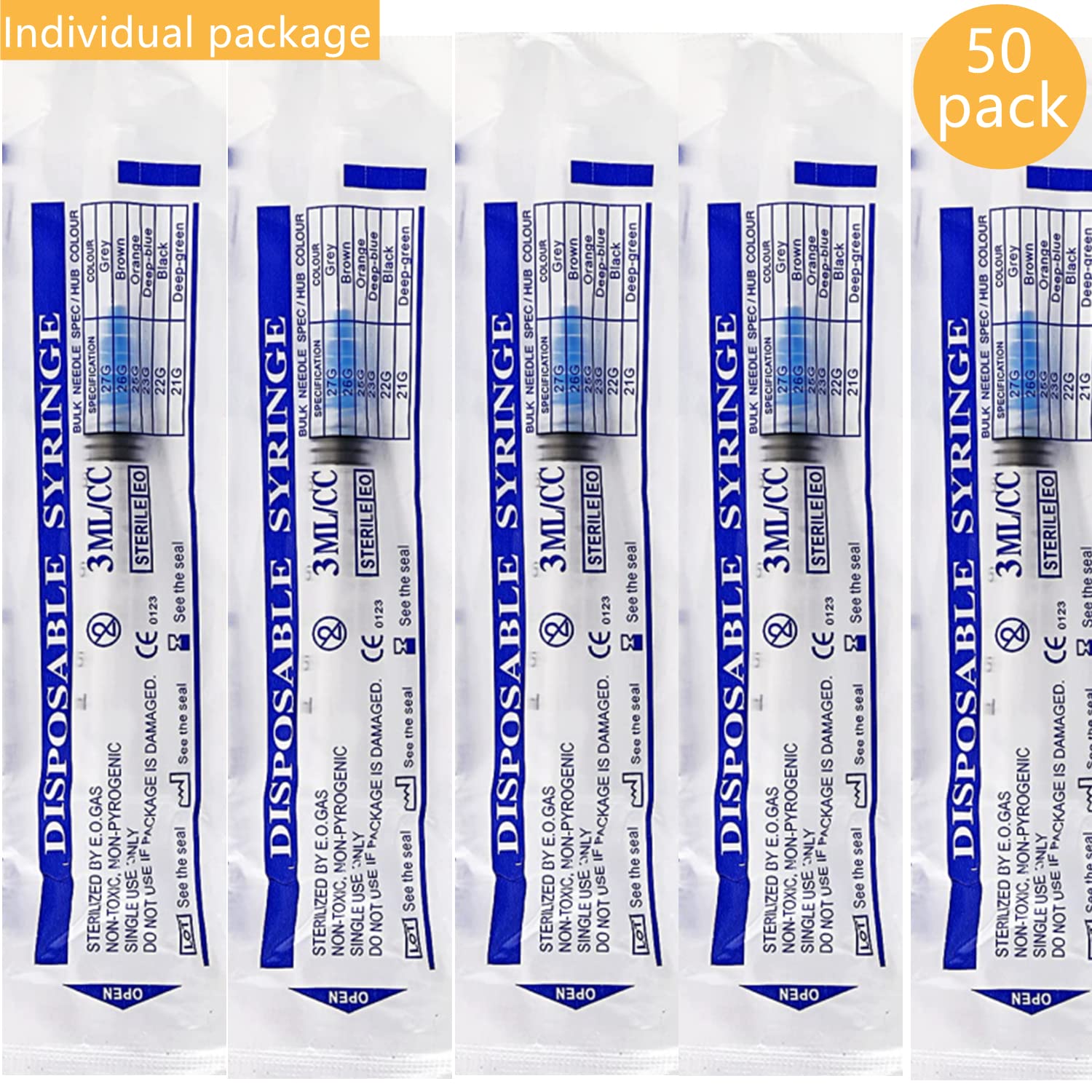 50 Pack 3ml/cc Plastic Syringe with 23Ga, Lab Sample Injection Syringes