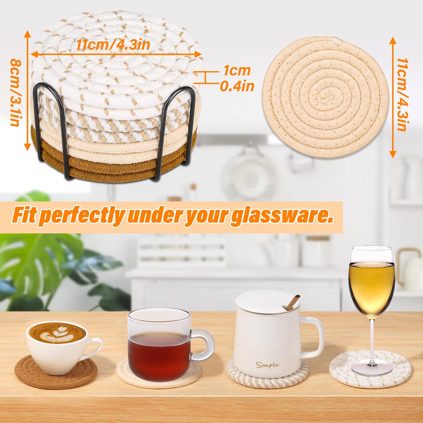 Mckanti 8 Pcs Drink Coasters with Holder, 4 Colors Absorbent Coasters for Drinks