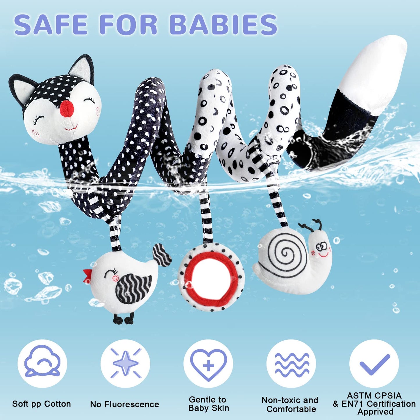 Euyecety Baby Spiral Plush Toys, Black White Stroller Toy Stretch
