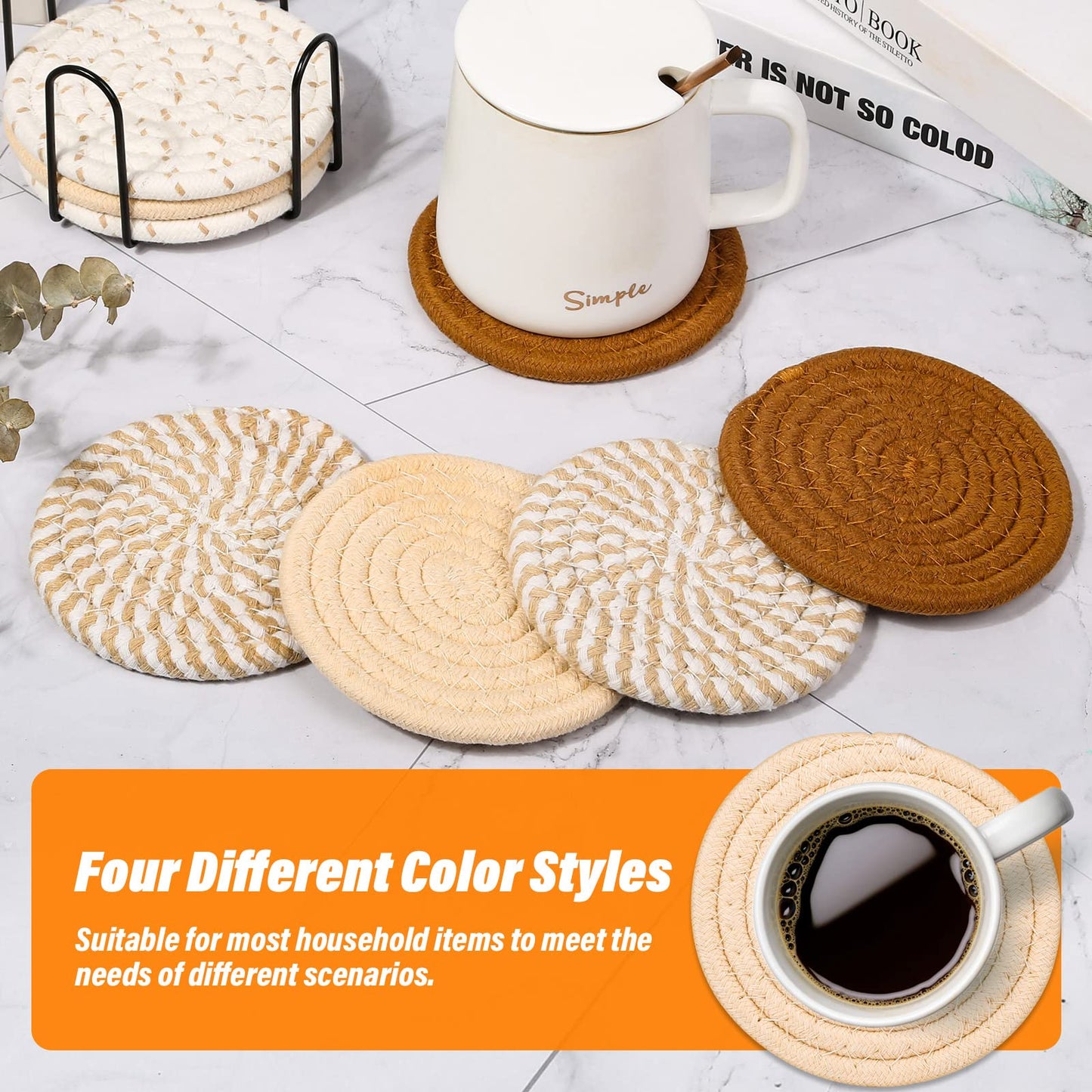 Mckanti 8 Pcs Drink Coasters with Holder, 4 Colors Absorbent Coasters for Drinks