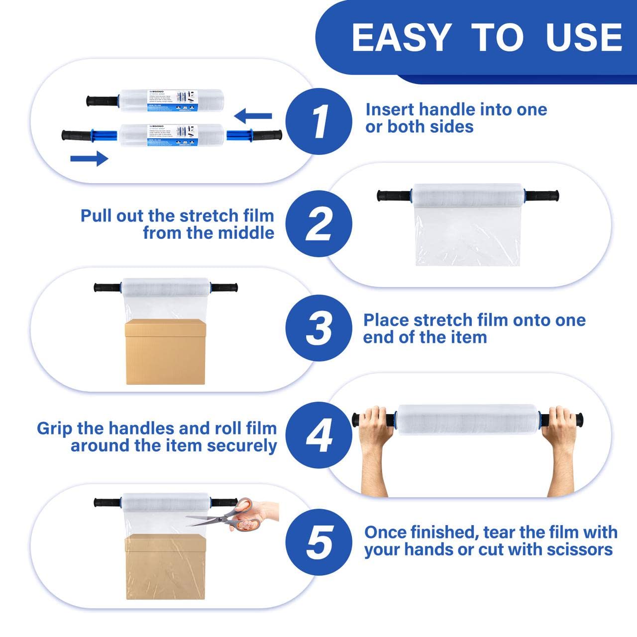 MBGOGO Stretch Wrap Film with Handles, 15 Inch x 1000 Feet Plastic