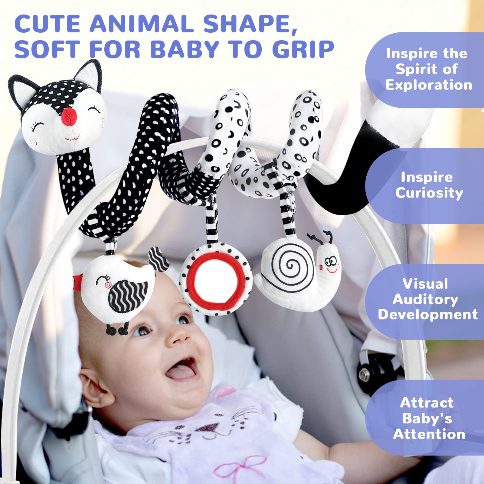 Euyecety Baby Spiral Plush Toys, Black White Stroller Toy Stretch