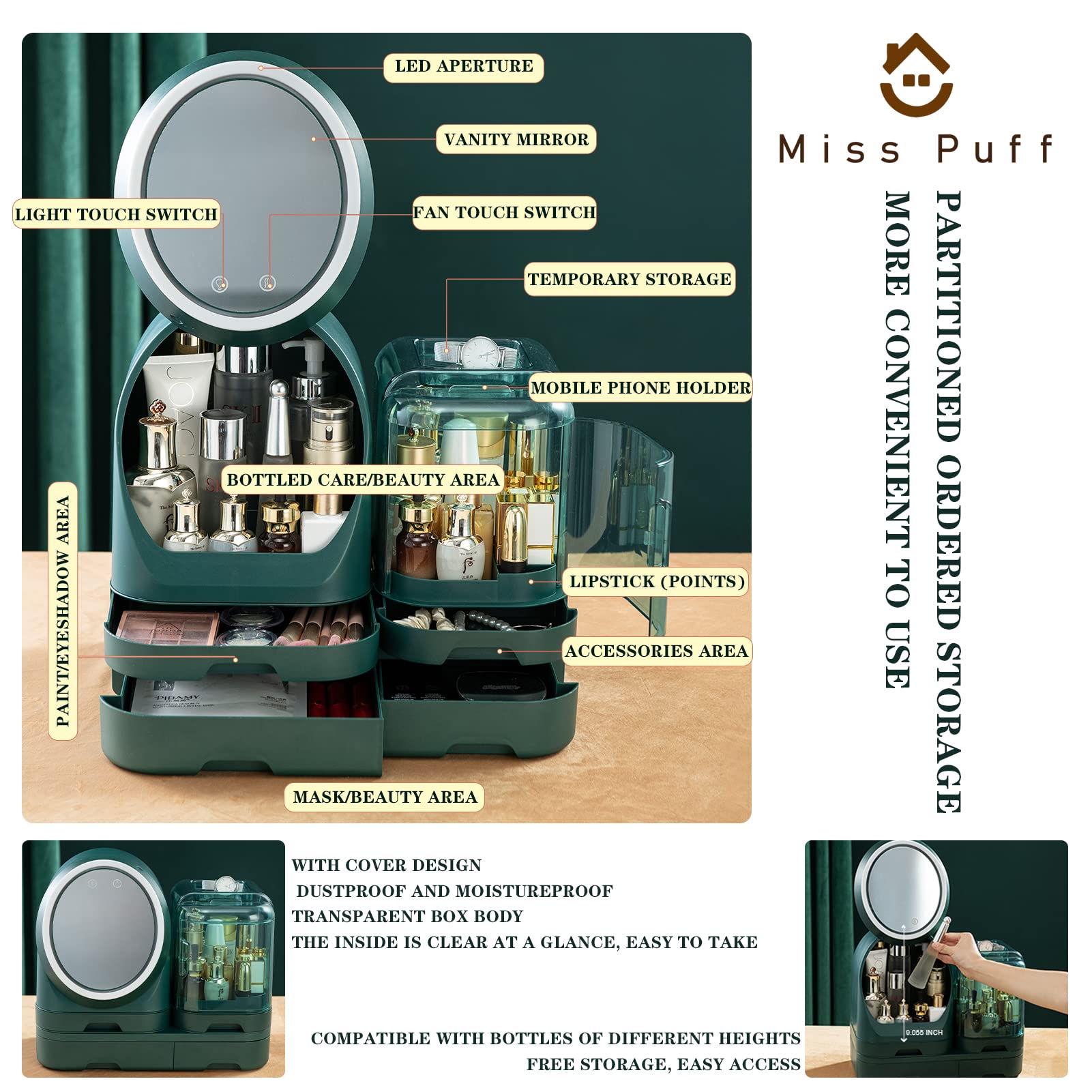 Miss Puff Makeup Organizer with LED Mirror and Fan