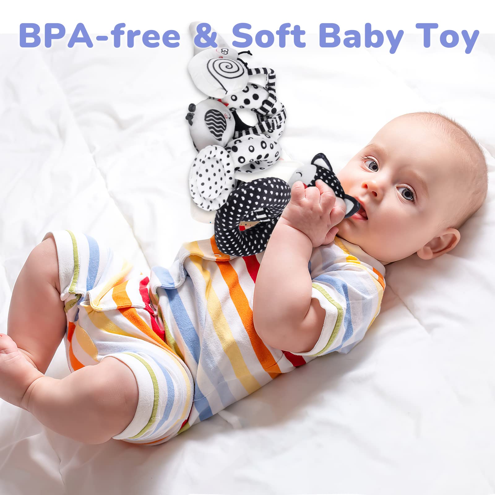 Euyecety Baby Spiral Plush Toys, Black White Stroller Toy Stretch